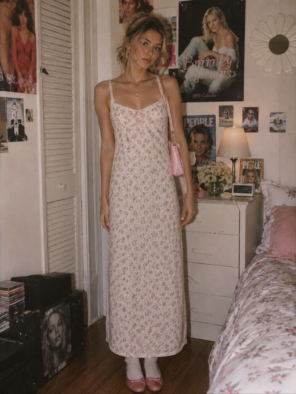 Sky to Moon Womens |M| Ivory/Pink Rose Print 90s Coquette Grunge Maxi Dress
